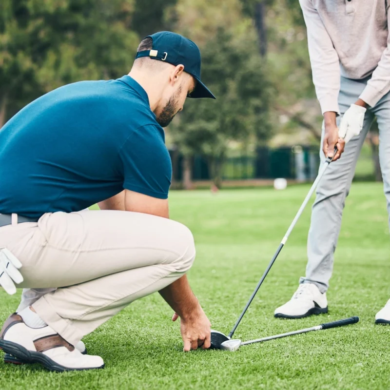 Golf instructor crouching on the grass to assist a student with their stance and club position during a lesson on a golf course.