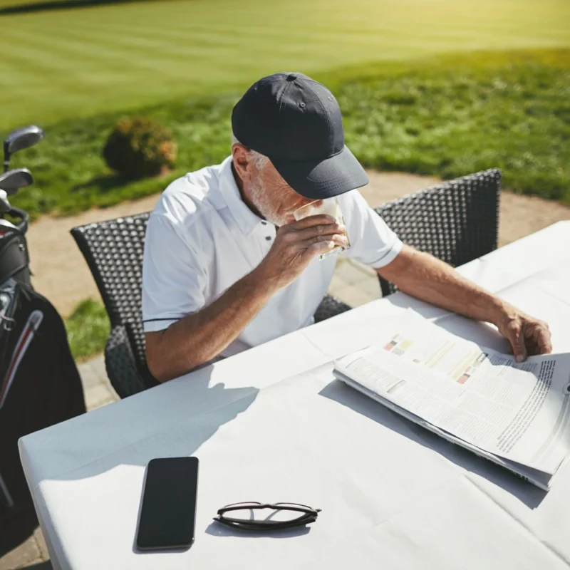 Senior golf player sitting with coffee at his golf club restaurant