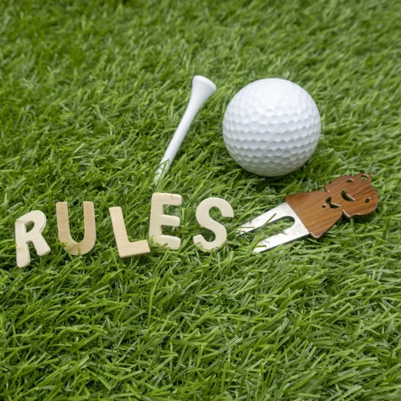 Rules of golf word is on green gras with golf ball and marker