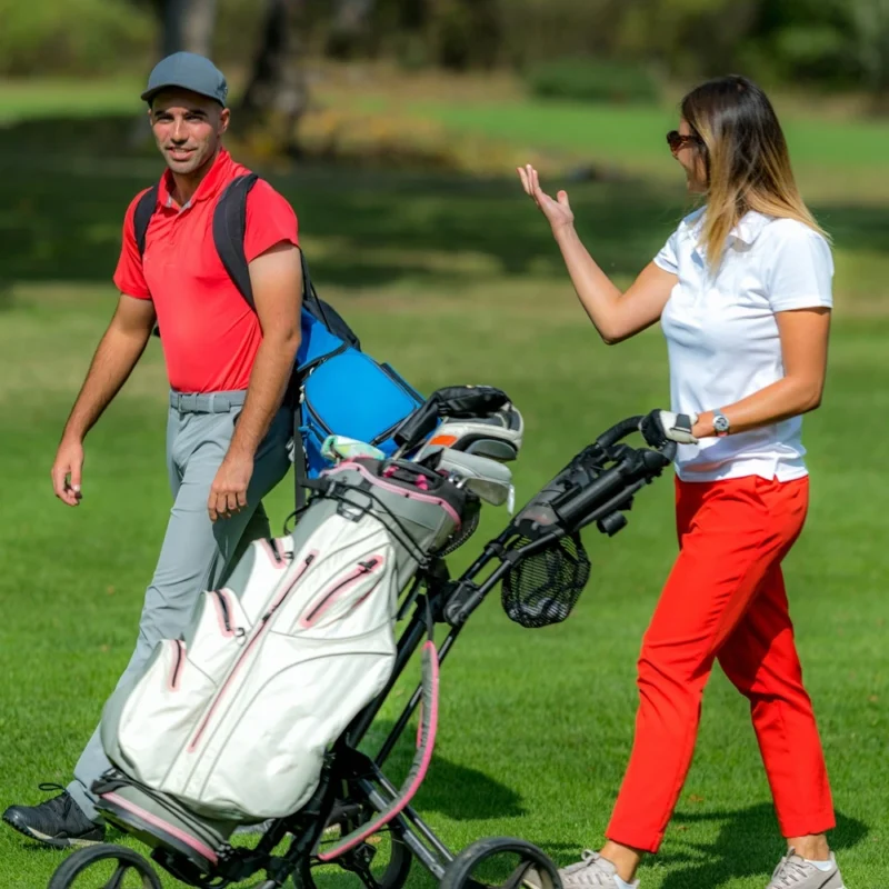 Young couple enjoying a game of golf, walking the fairway on a n Irish golf course on a beautiful sunny day