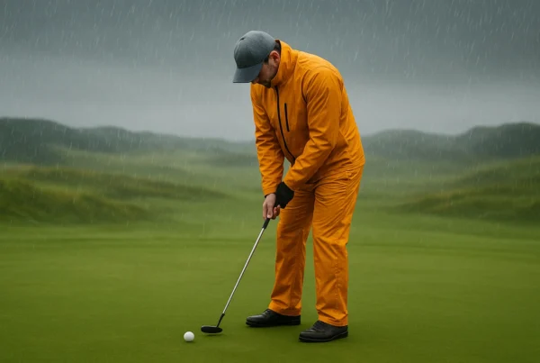 Golfer in bright orange waterproofs putting on a green in heavy rain.
