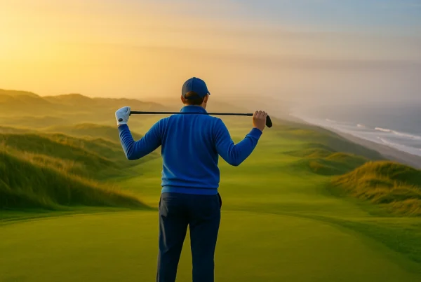 Golfer stretching with a club across their shoulders on a coastal links course at sunrise.