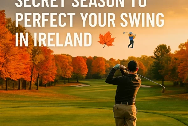 Golfer swings on a peaceful autumn course in Ireland surrounded by trees with golden-orange leaves, under a soft evening sky.