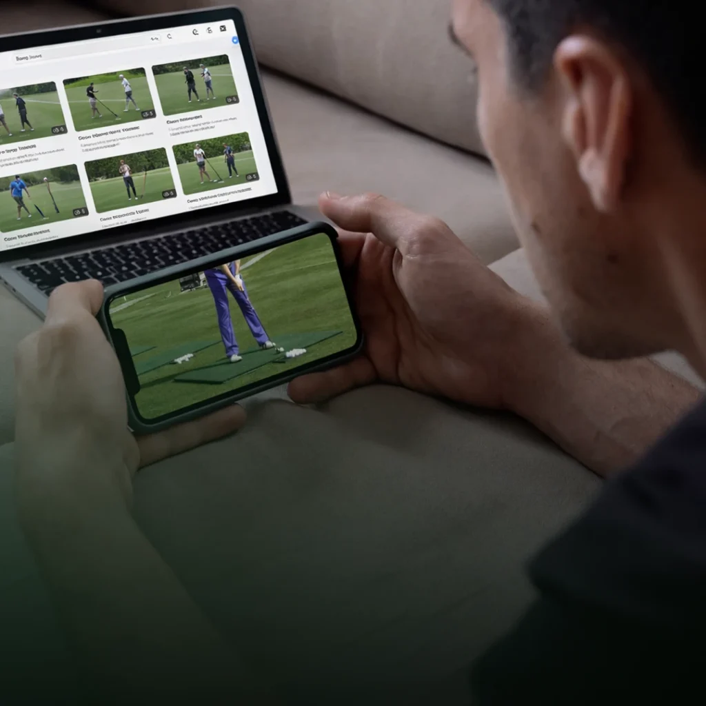 Golfer watching online golf swing tips on his phone and laptop at home