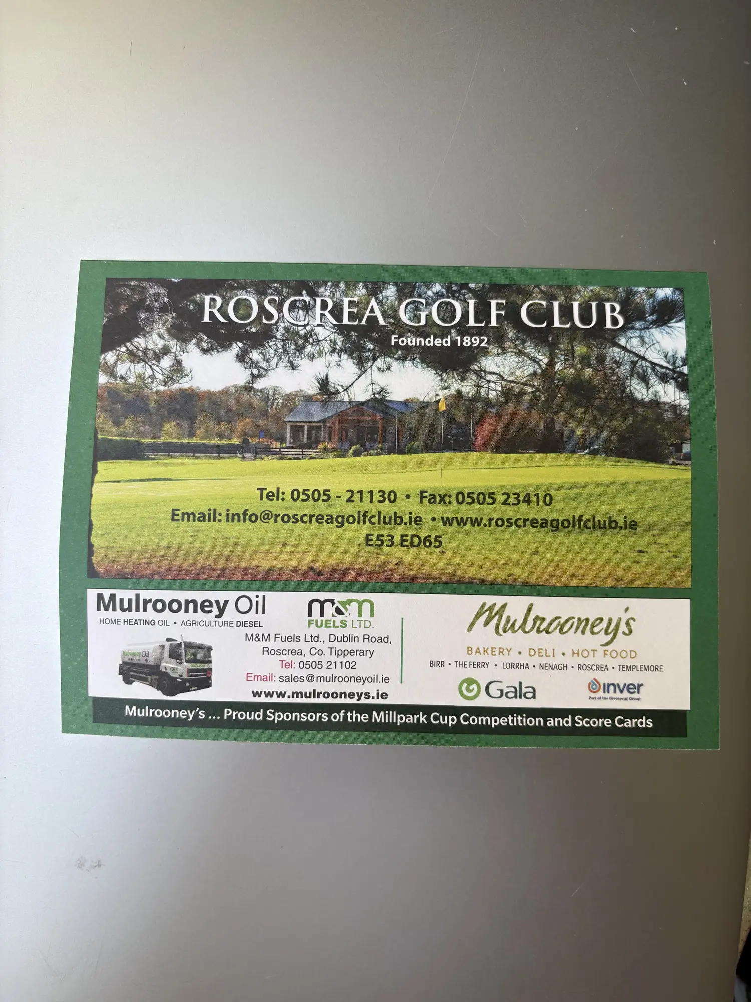Roscrea Golf Club scorecard cover